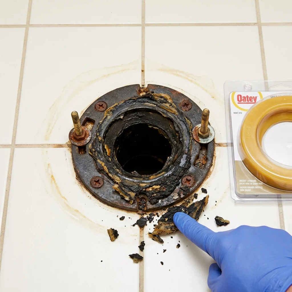 Failed wax ring showing water seepage at the base of a toilet in a Florence, MS home