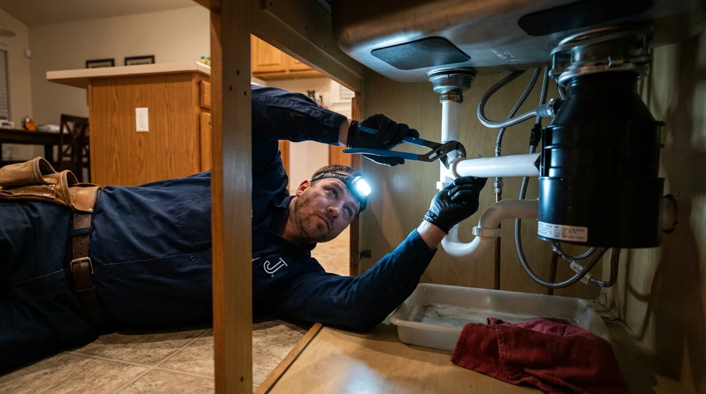 P-trap and supply line connections under a kitchen sink showing a common leak point in Florence, MS